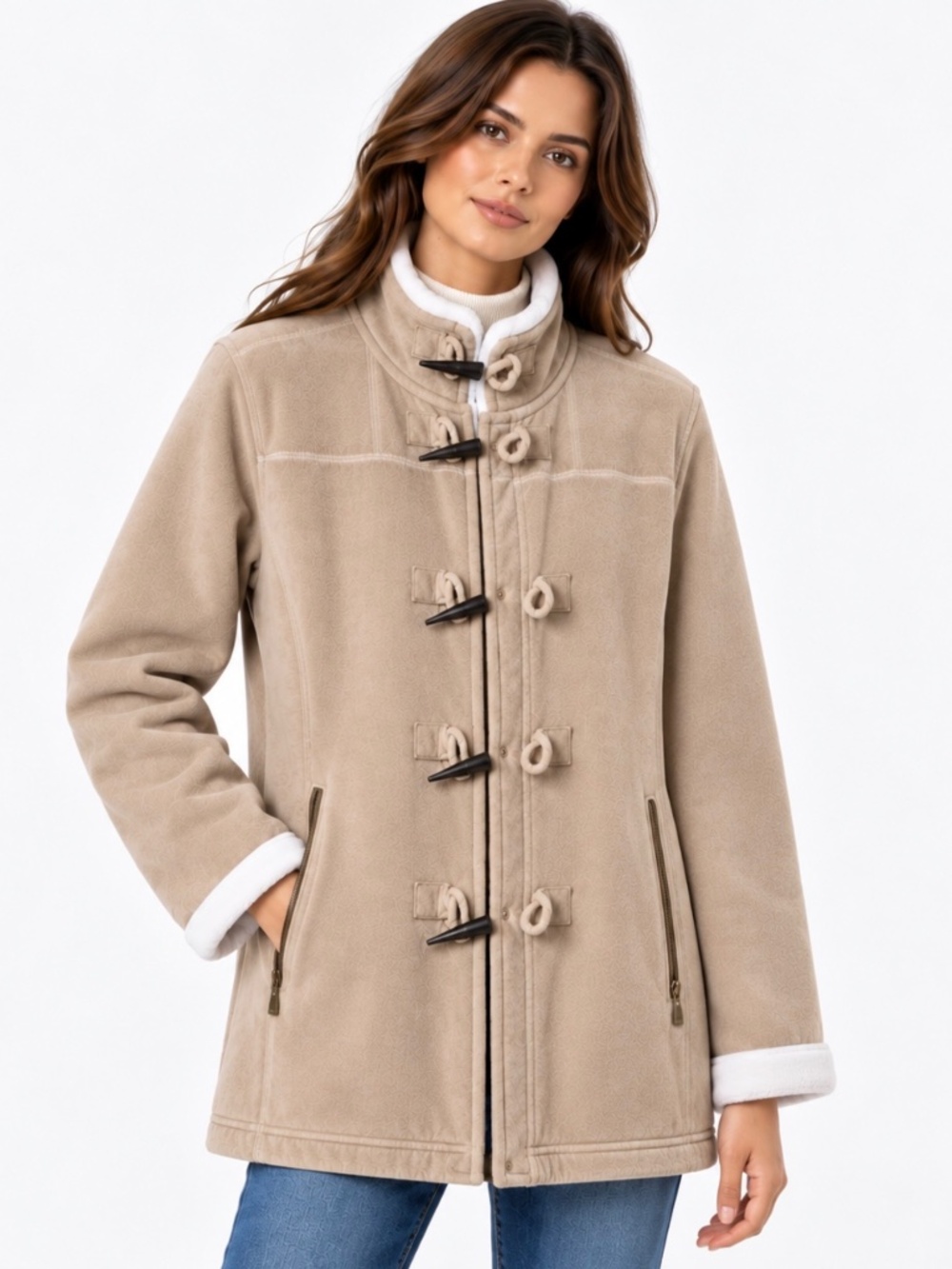 St. Étice Toggle Jacket Size L Beige Faux Suede Fleece Lined Coat